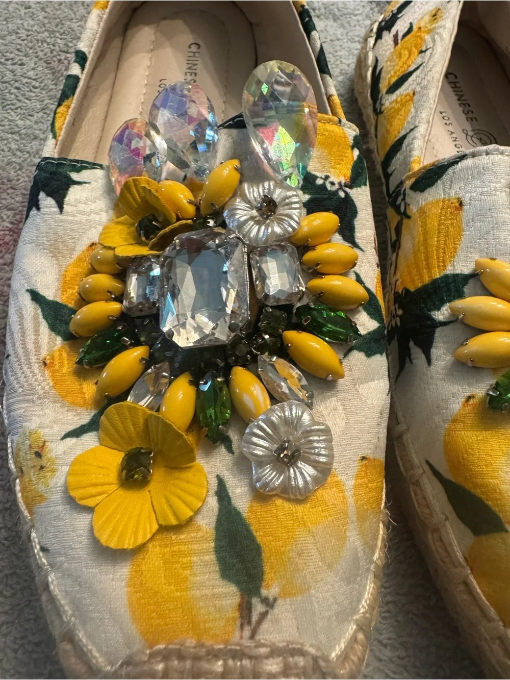 Chinese Laundry Yellow Floral Jeweled Slip-On Espadrilles